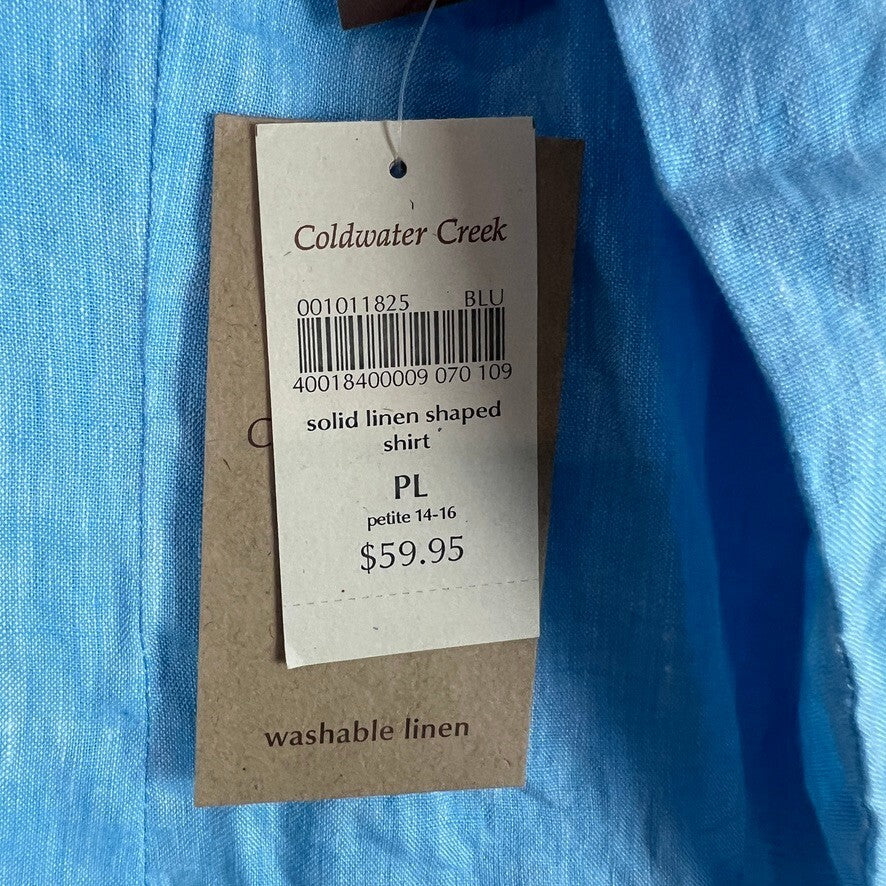NWT Coldwater Creek 100% Linen Blue Button Front Shirt Petite Large PL