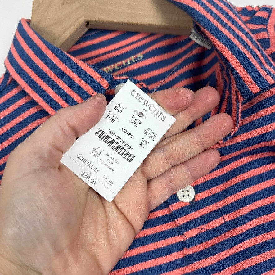 J.Crew Crewcuts Boys XS 4-5 Navy Coral Stripe Short Sleeve Polo Shirt NWT