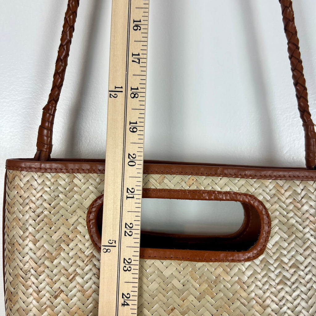 Bembien Woven Straw Leather Shoulder Bag Tote Cutout Handles Brown Natural