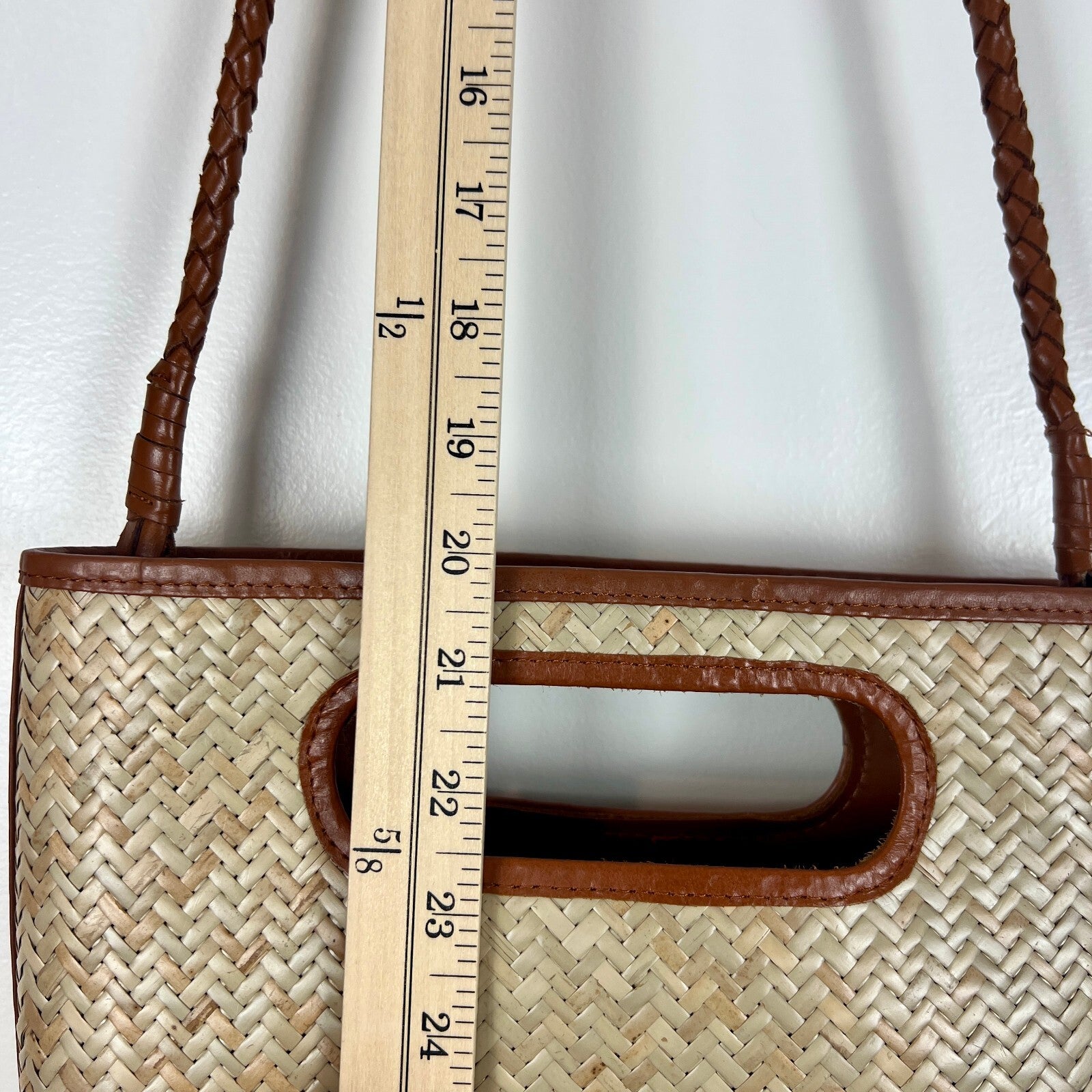 Bembien Woven Straw Leather Shoulder Bag Tote Cutout Handles Brown Natural
