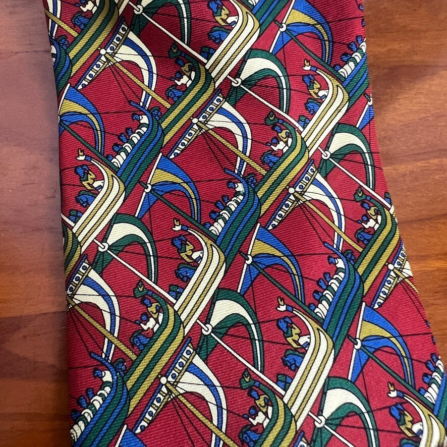 Longchamp Paris Silk Tie Red Viking Ship Print Made in Italy Designer