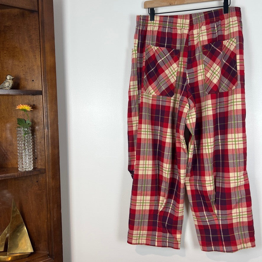 Free People Red Plaid Wide Leg Crop Pants Elastic Waist Women's Large NWOT