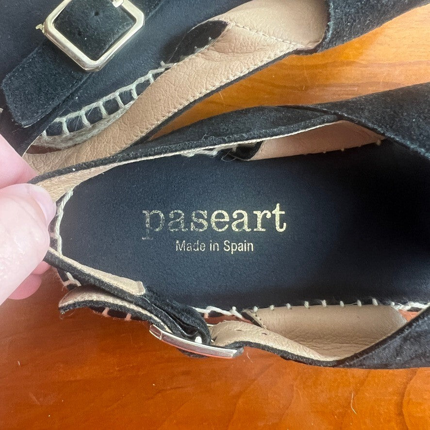 Paseart Black Suede Espadrille Platform Sandals Women's EU 39 Leather Slingback