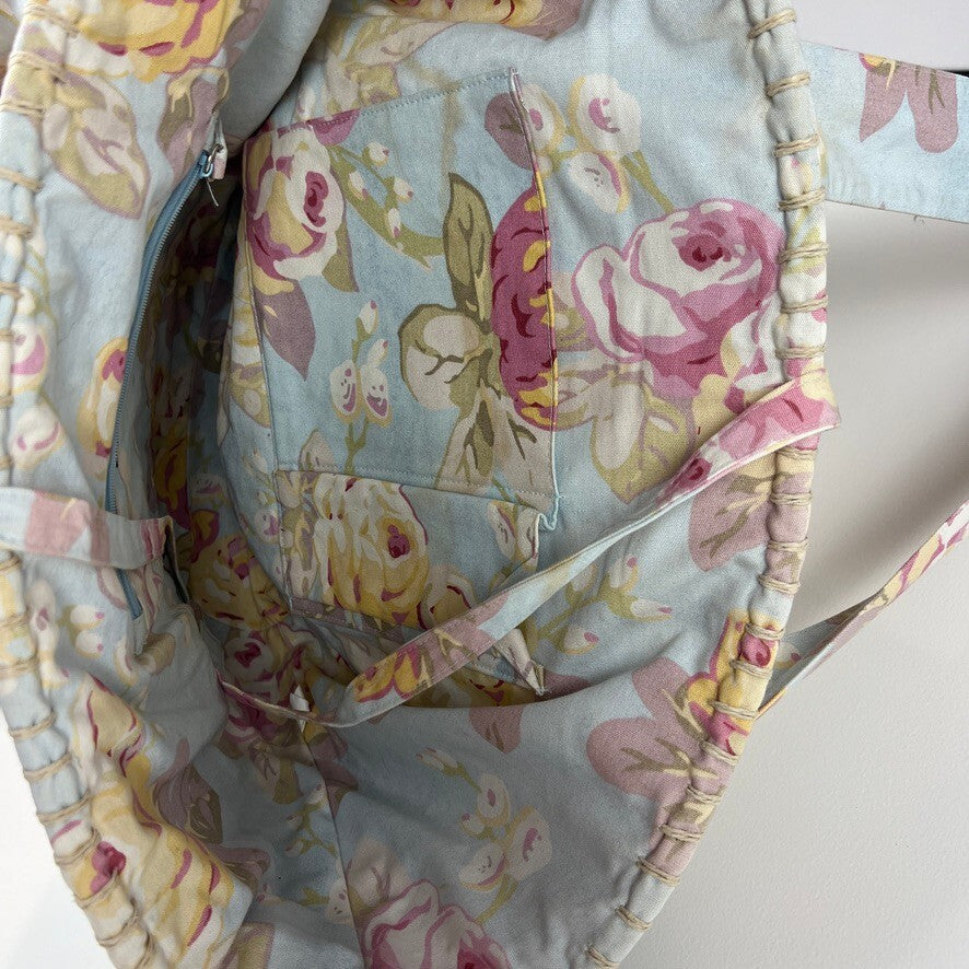 Laura Ashley Floral Lined Straw Tote Beach Bag Large Woven Shopper NWT