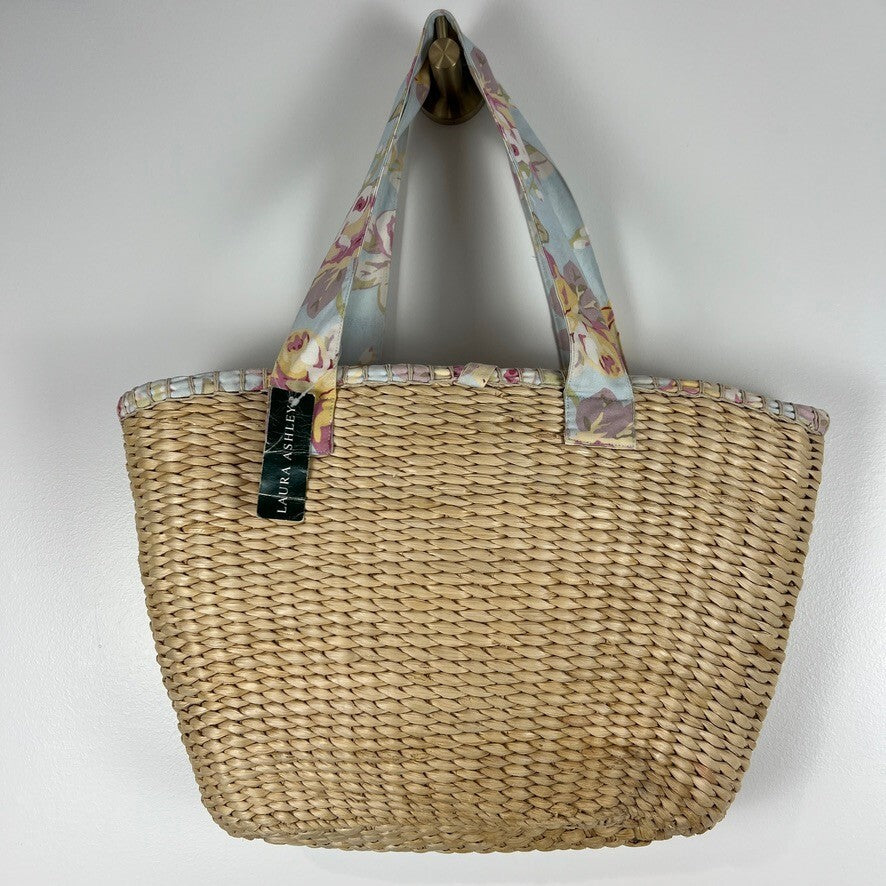 Laura Ashley Floral Lined Straw Tote Beach Bag Large Woven Shopper NWT
