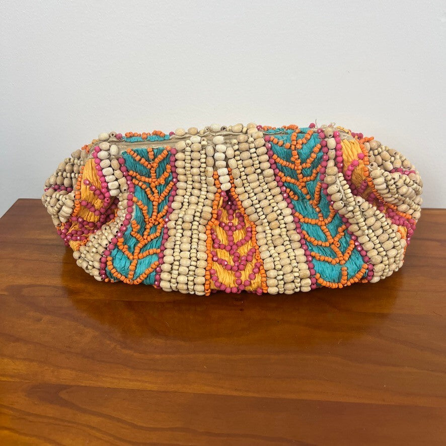 Colorful Wood Beaded Clutch Crossbody Bag Boho Tribal Statement Purse India