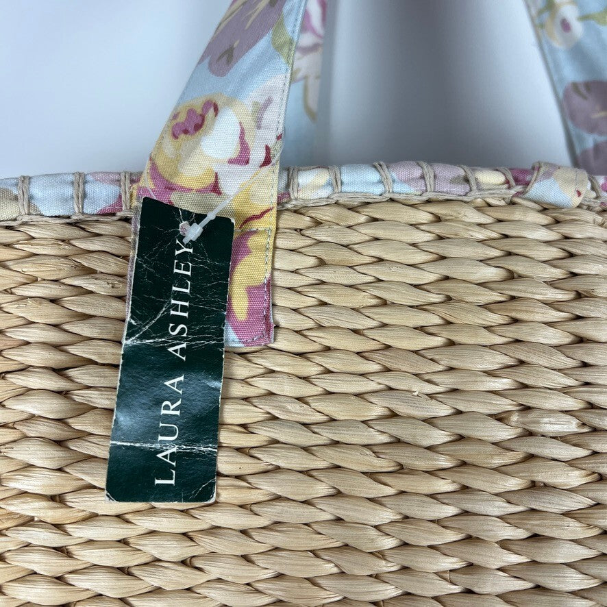 Laura Ashley Floral Lined Straw Tote Beach Bag Large Woven Shopper NWT