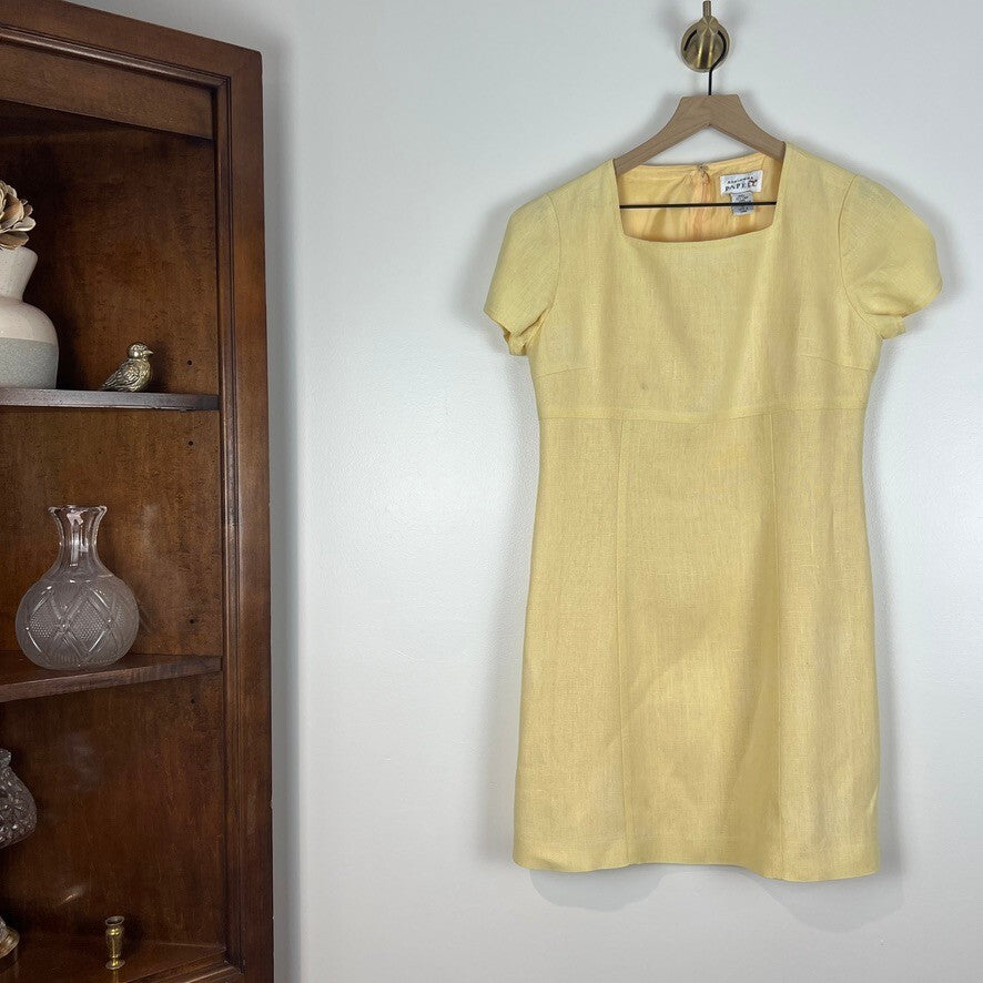 Adrianna Papell Butter Yellow 100% Linen Sheath Dress Square Neck Size 10