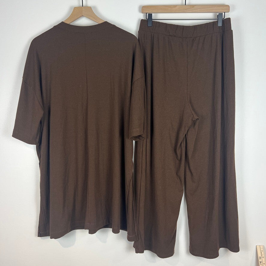 Dressed in Lala Brown Ribbed Lounge Set Wide Leg Pants Oversized Top Large