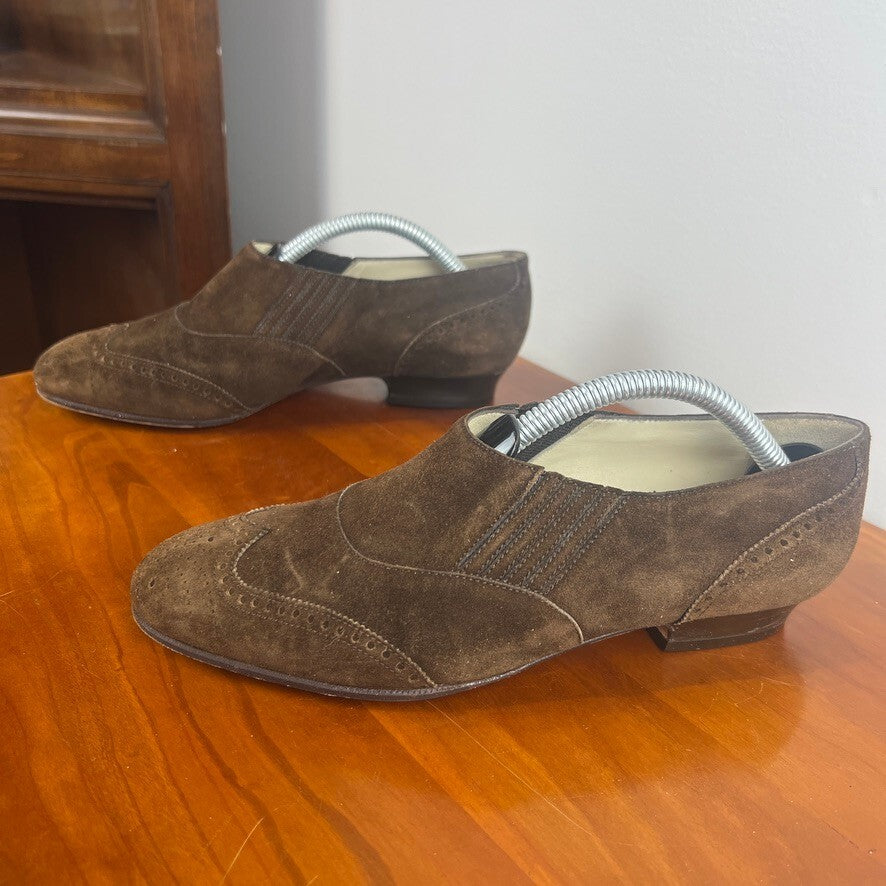 Hermès Paris Brown Suede Wingtip Slip-On Loafers Women's Made in France Size 5.5