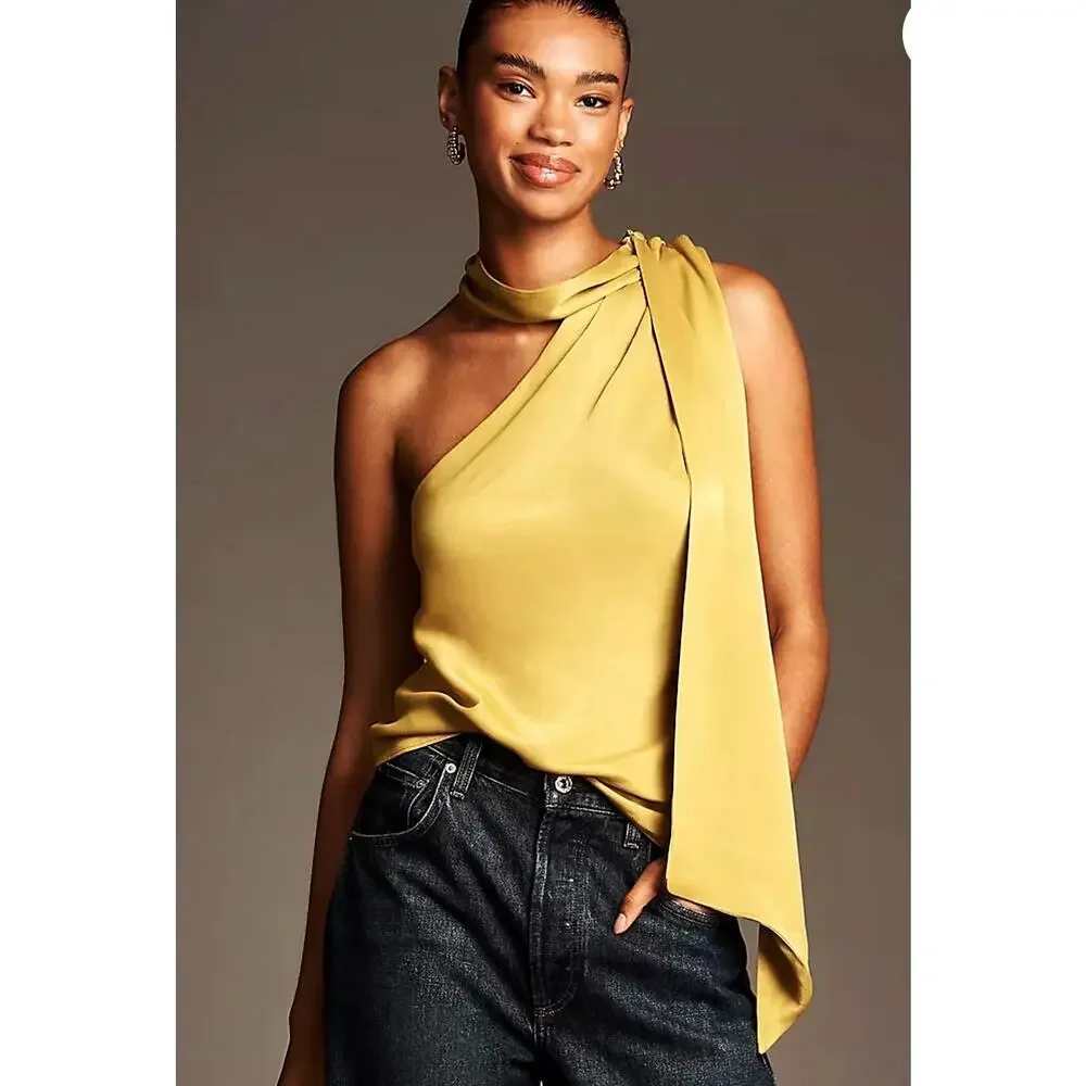 Anthropologie One-Shoulder Scarf Draped Halter Blouse Chartreuse Size Large NWOT