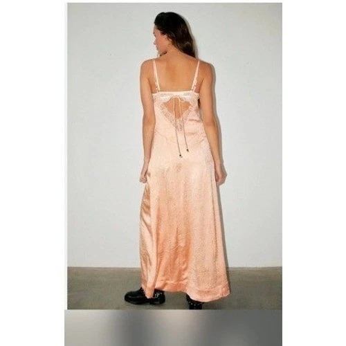 Free People Maybe Forever Satin Lace Maxi Slip Dress Peach Women's Size 8 Boho