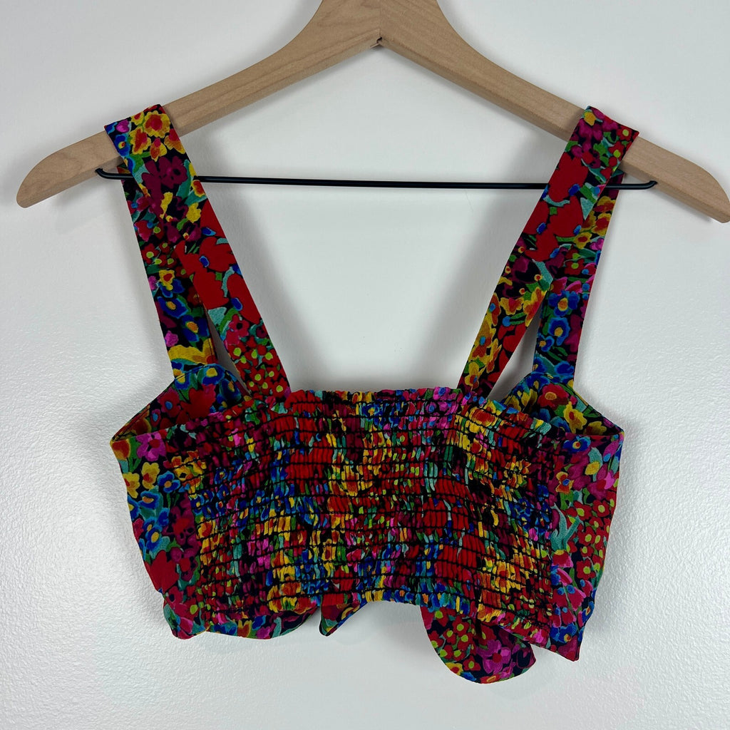 Show Me Your Mumu Floral Tie Front Crop Top Size S Multicolor Smocked Back