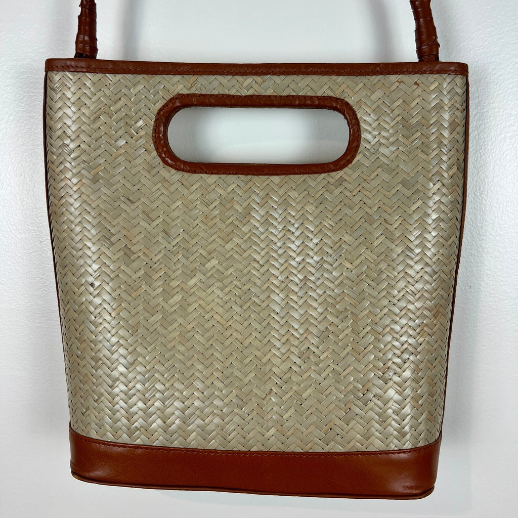 Bembien Woven Straw Leather Shoulder Bag Tote Cutout Handles Brown Natural