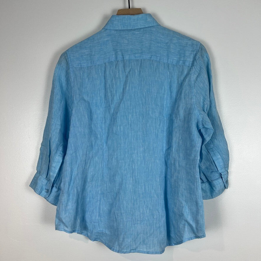 NWT Coldwater Creek 100% Linen Blue Button Front Shirt Petite Large PL