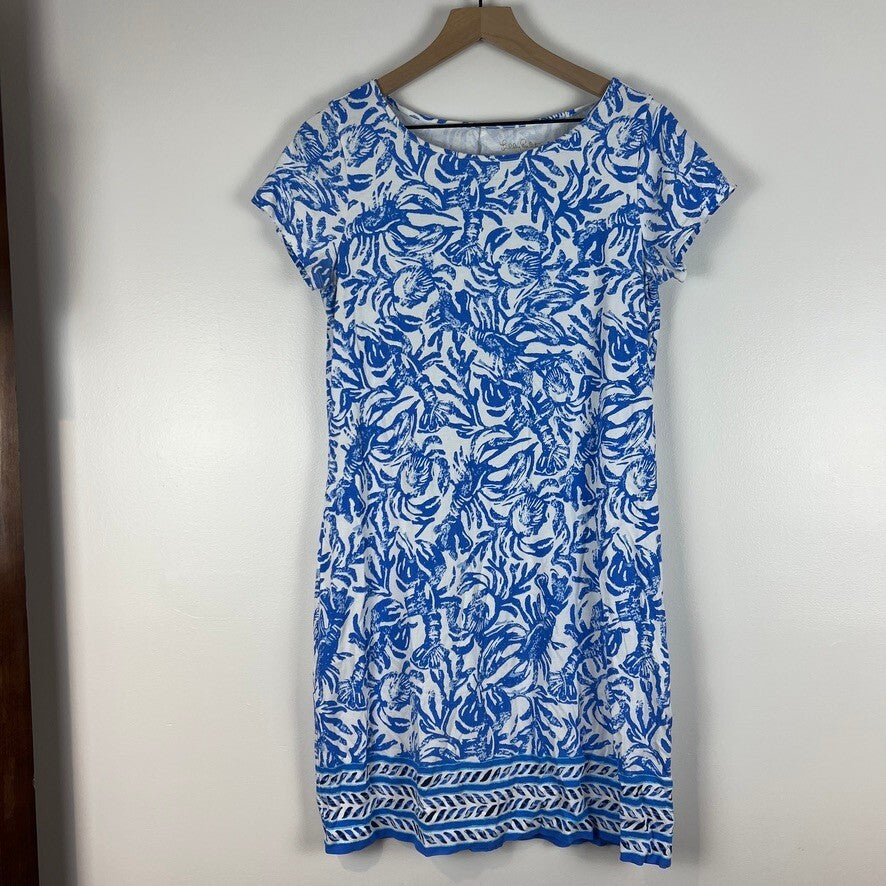 Lilly Pulitzer Blue White Pima Cotton Tropical Shift Dress Women's Medium