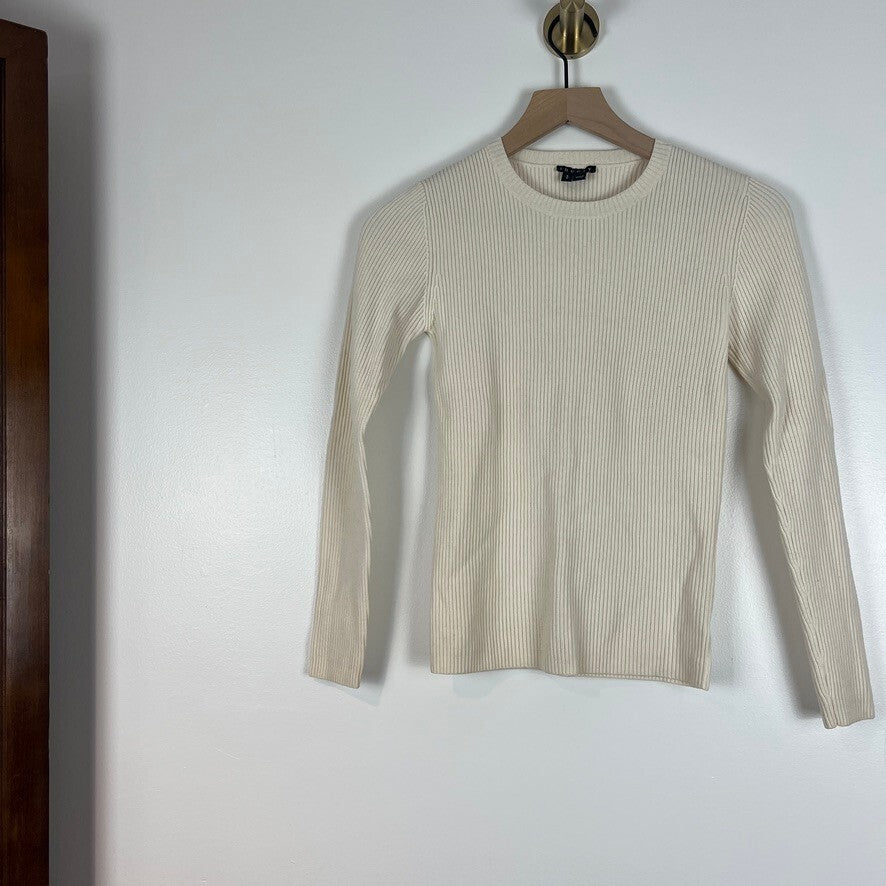 Theory Aideena Evian Stretch Rib Wool Crewneck Sweater Ivory SP