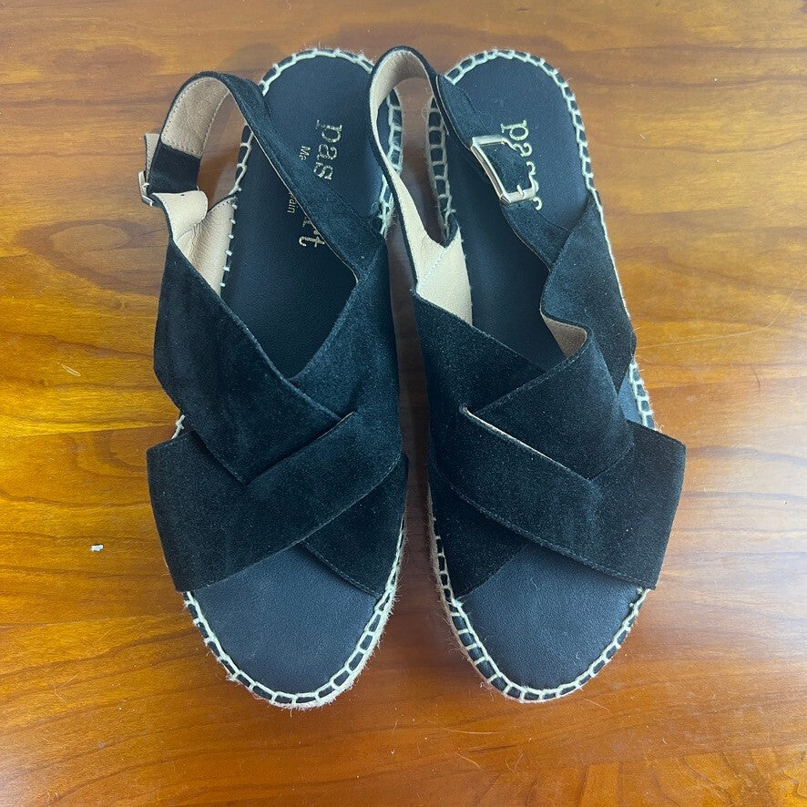 Paseart Black Suede Espadrille Platform Sandals Women's EU 39 Leather Slingback