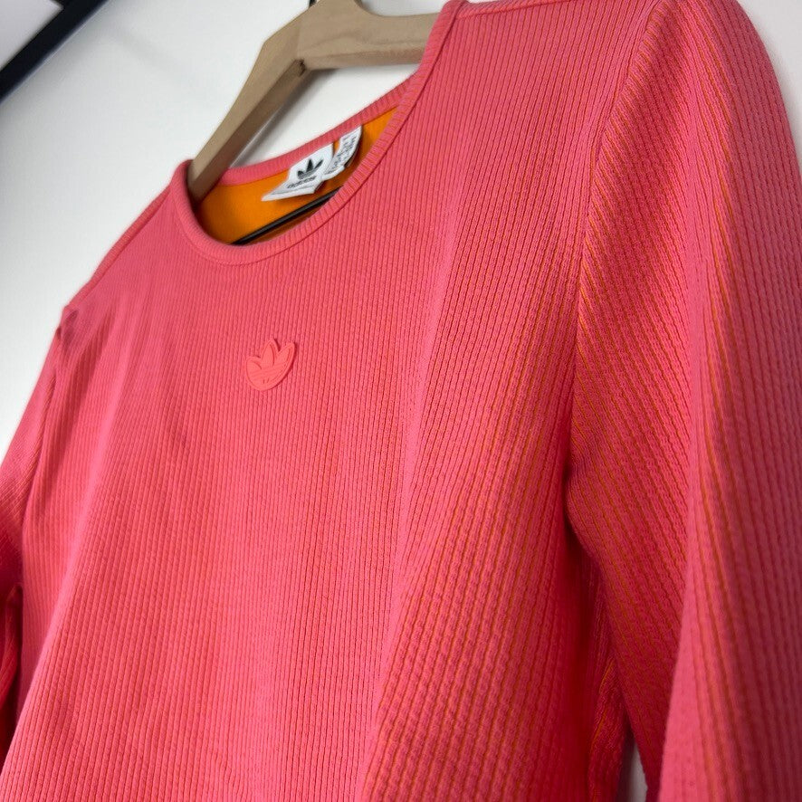 Adidas Originals Ribbed Crop Top Pink Orange Long Sleeve Trefoil Logo Medium