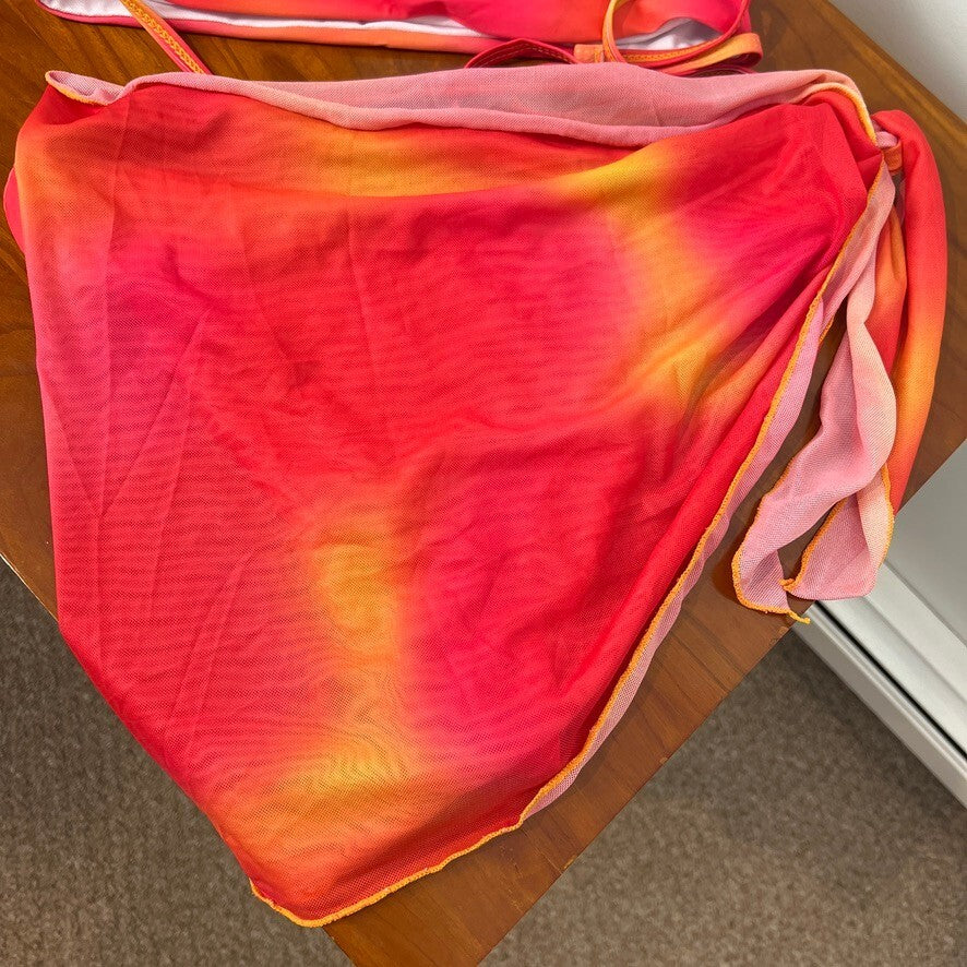 Women's Neon Red Orange Ombre 3 Piece Bikini Set & Sarong Cover Up Medium - NWT
