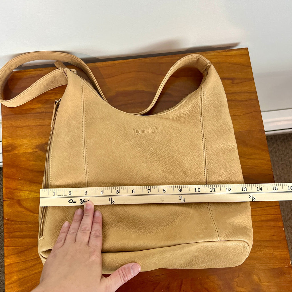 Tignanello Tan Pebbled Leather Hobo Shoulder Bag Large Zip Pocket Purse