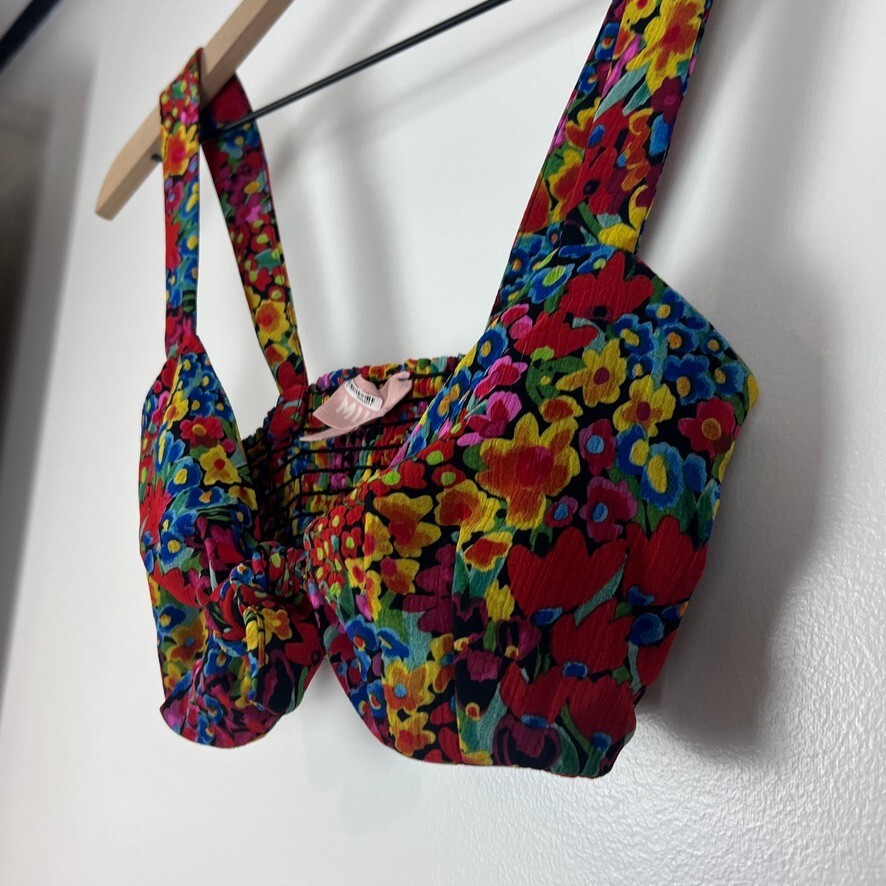 Show Me Your Mumu Floral Tie Front Crop Top Size S Multicolor Smocked Back