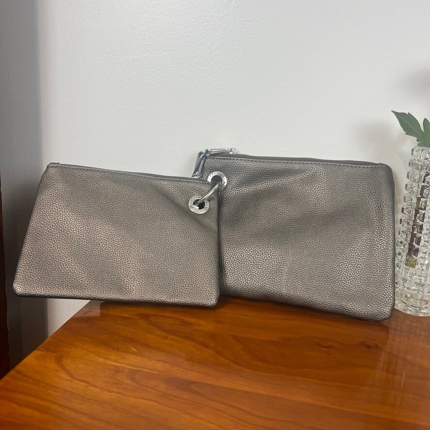 French Connection Pewter Double Pouch Wristlet Pebble Faux Leather Bag