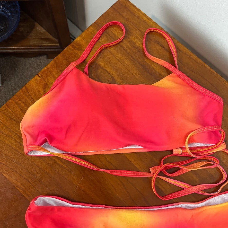 Women's Neon Red Orange Ombre 3 Piece Bikini Set & Sarong Cover Up Medium - NWT