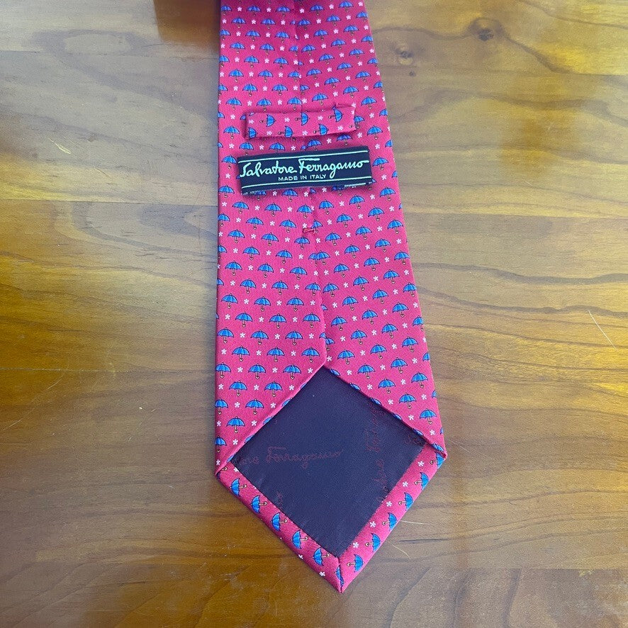 Salvatore Ferragamo Red Silk Umbrella Print Tie Made in Italy Luxury
