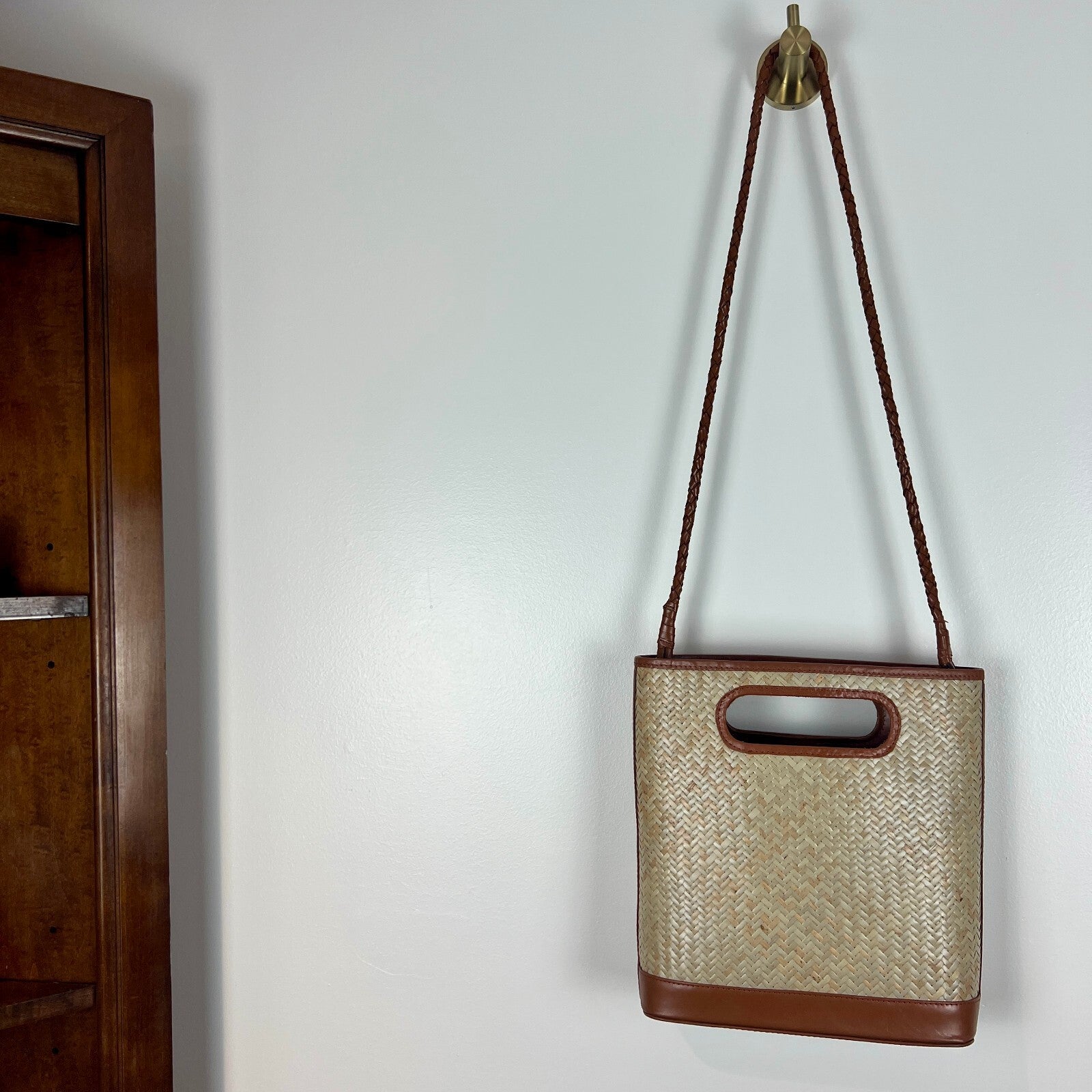 Bembien Woven Straw Leather Shoulder Bag Tote Cutout Handles Brown Natural