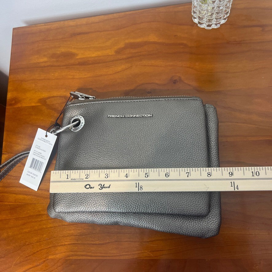 French Connection Pewter Double Pouch Wristlet Pebble Faux Leather Bag