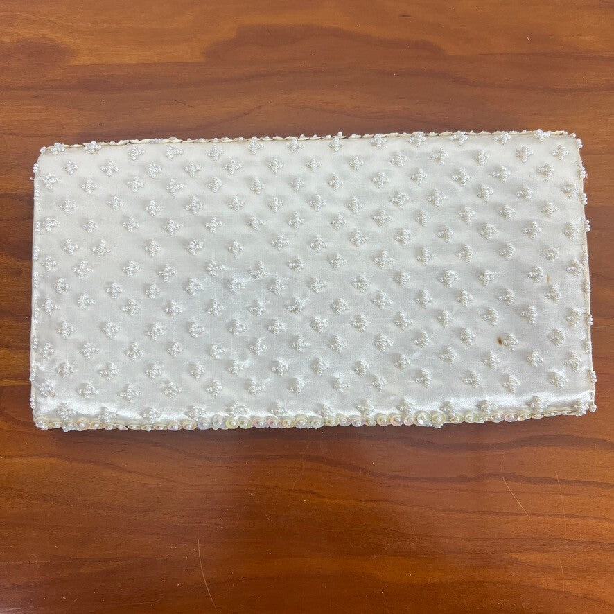 La Regale White Beaded Sequin Evening Clutch Wedding Bridal Handbag Vintage