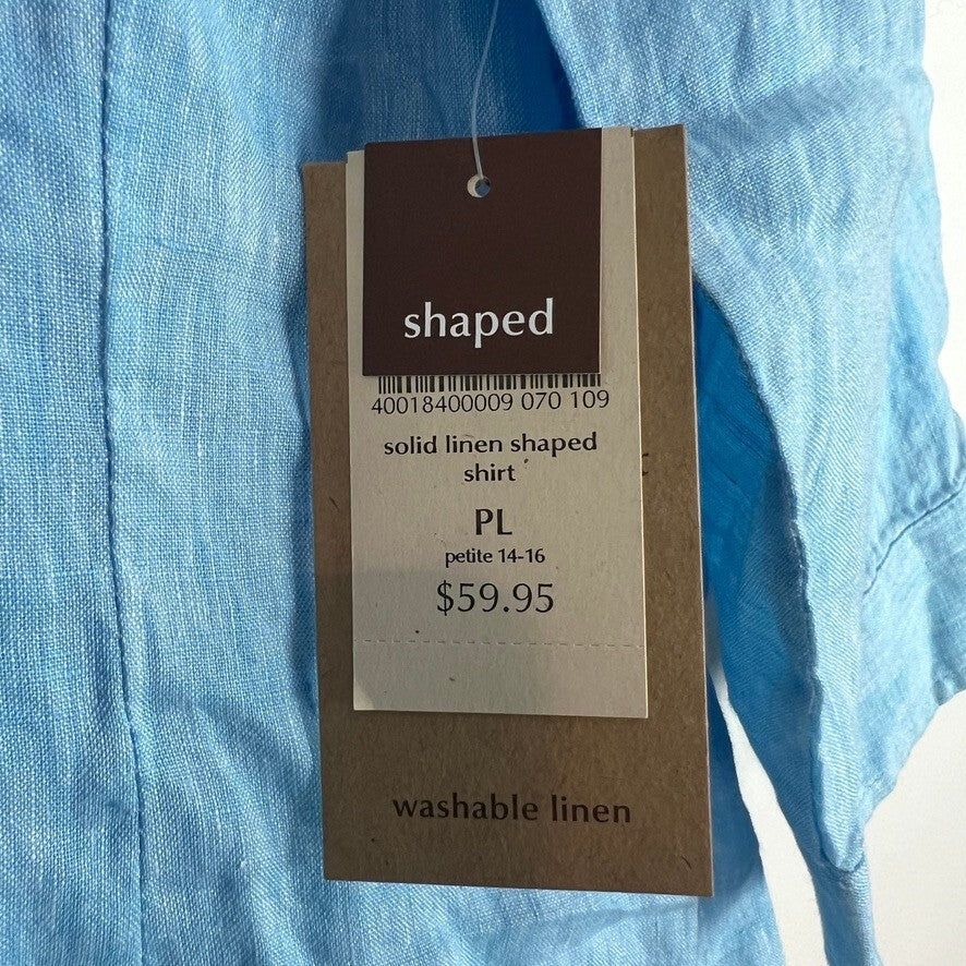 NWT Coldwater Creek 100% Linen Blue Button Front Shirt Petite Large PL