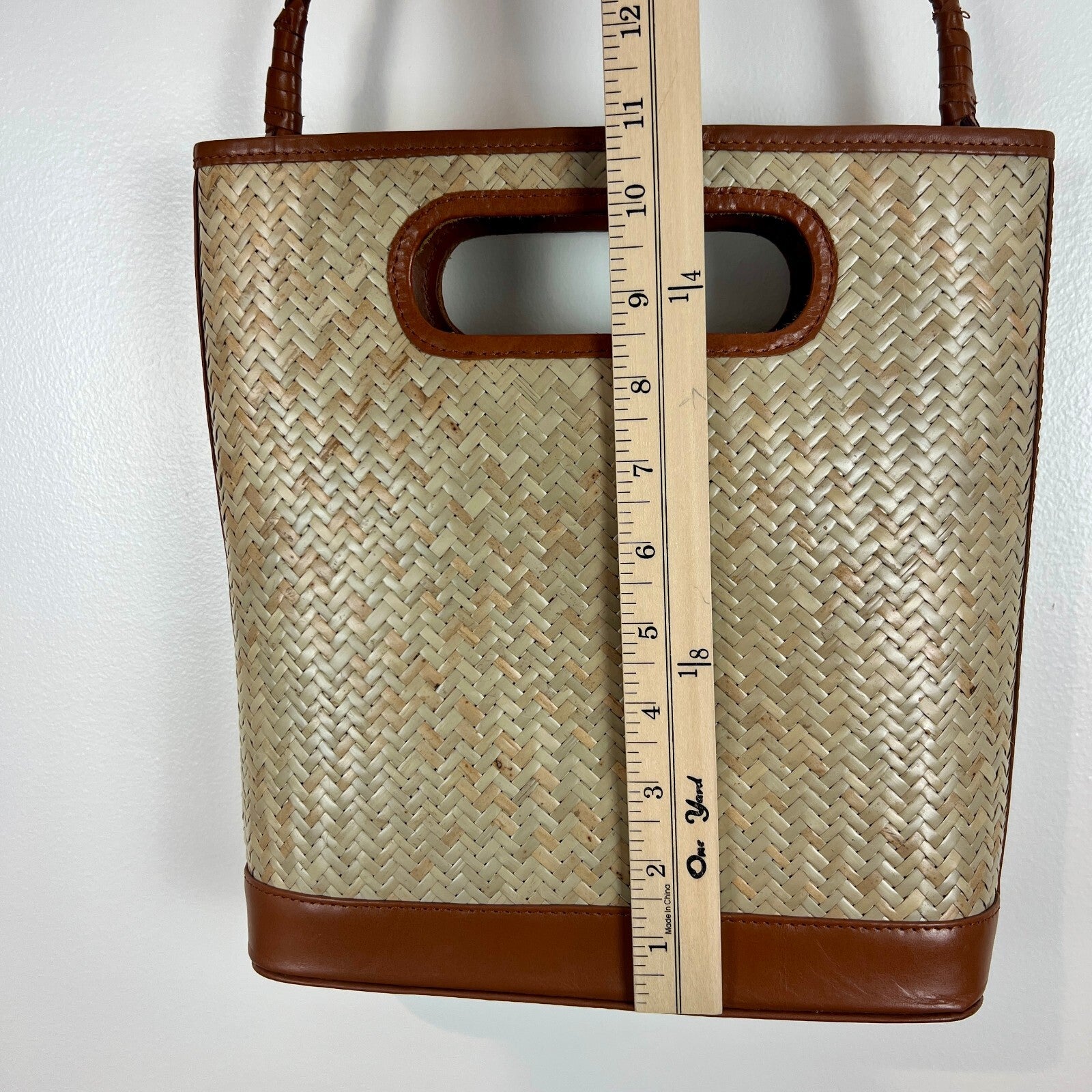 Bembien Woven Straw Leather Shoulder Bag Tote Cutout Handles Brown Natural