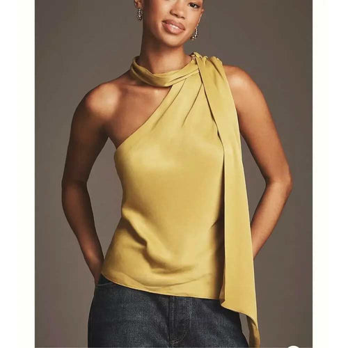 Anthropologie One-Shoulder Scarf Draped Halter Blouse Chartreuse Size Large NWOT