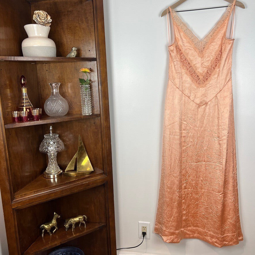 Free People Maybe Forever Satin Lace Maxi Slip Dress Peach Women's Size 8 Boho