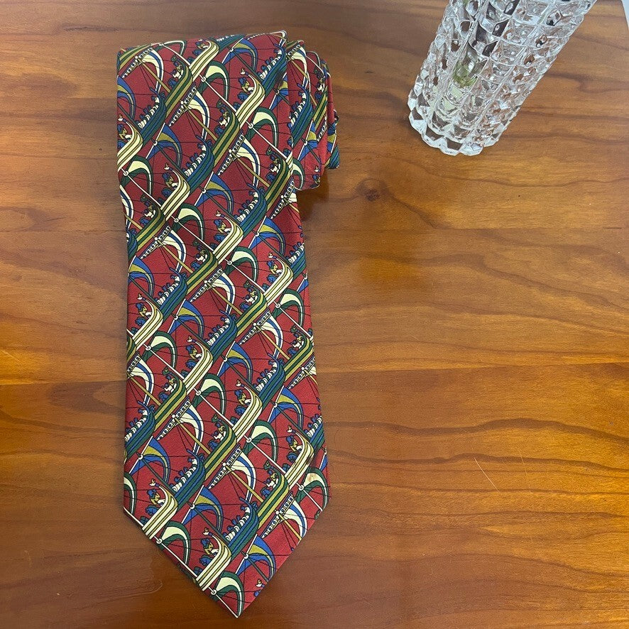 Longchamp Paris Silk Tie Red Viking Ship Print Made in Italy Designer