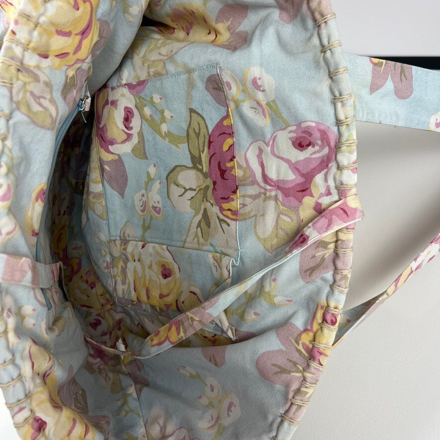 Laura Ashley Floral Lined Straw Tote Beach Bag Large Woven Shopper NWT