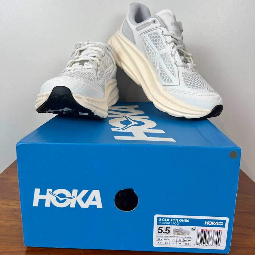 HOKA U Clifton One9 Womens 6.5 White Grey Running Shoes 1155370 FCG NWT