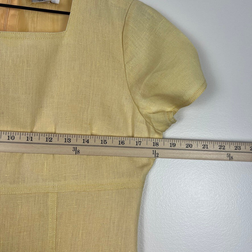 Adrianna Papell Butter Yellow 100% Linen Sheath Dress Square Neck Size 10