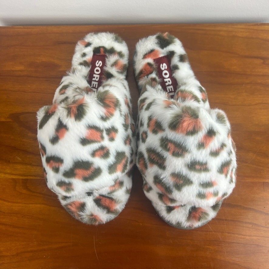 Sorel Go Coffee Run Faux Fur Leopard Slide Slippers Women's Size 6 NWOT