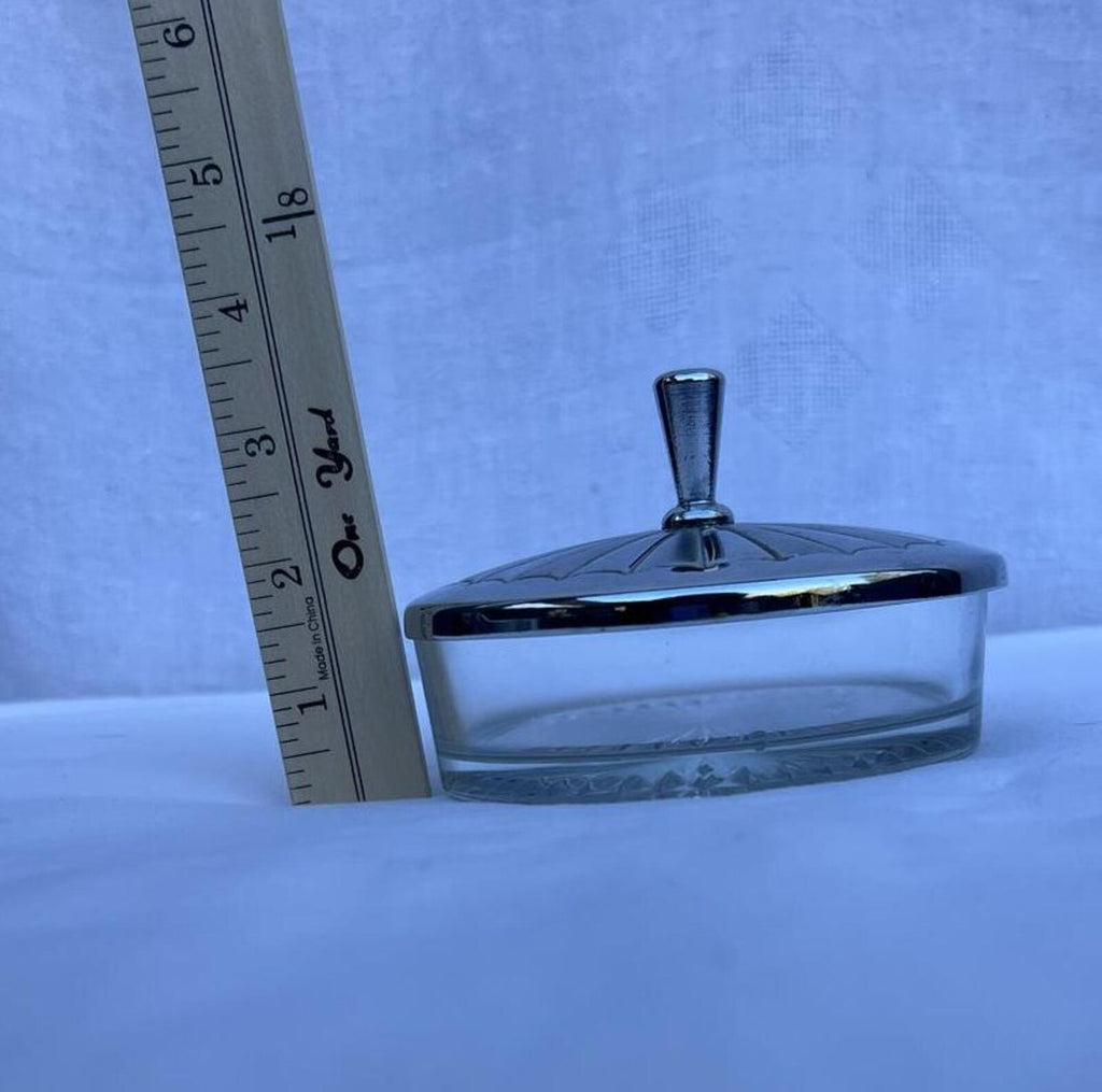 Vintage Glass Powder Jar Silver Lid Vanity Dish Trinket Box Art Deco