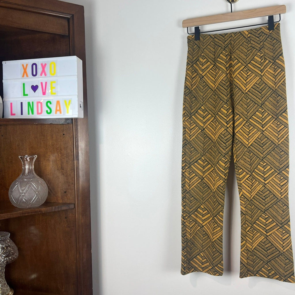 Free People Mustard Black Geometric Knit Pants Women's 4/S Boho Pull-On Wide Leg