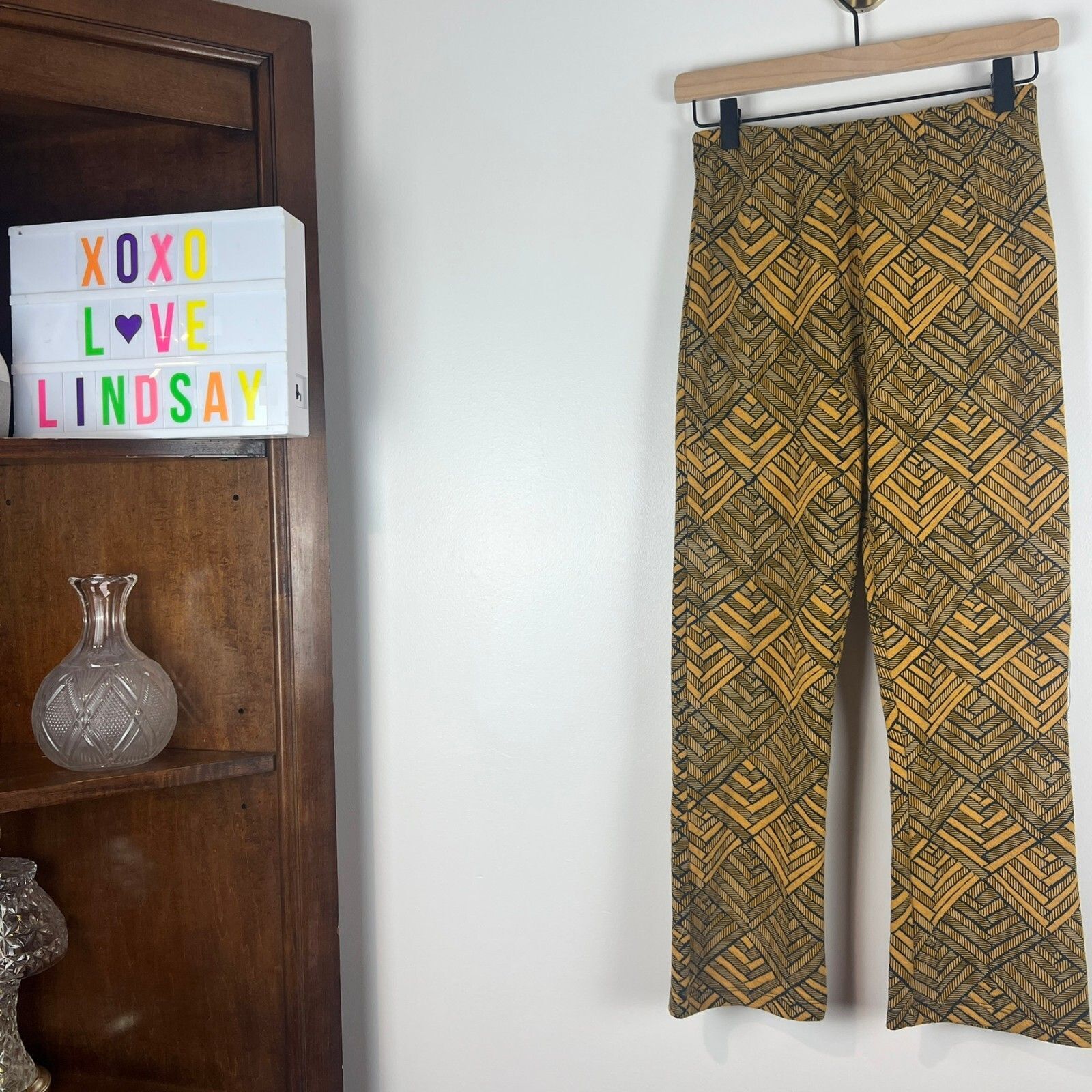 Free People Mustard Black Geometric Knit Pants Women's 4/S Boho Pull-On Wide Leg