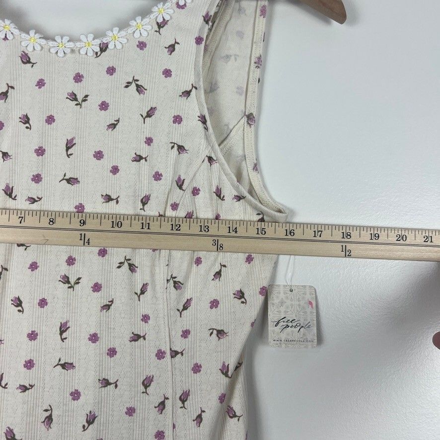 Free People Floral Ribbed Mini Dress Ivory Purple Daisy Trim NWT Women's Medium