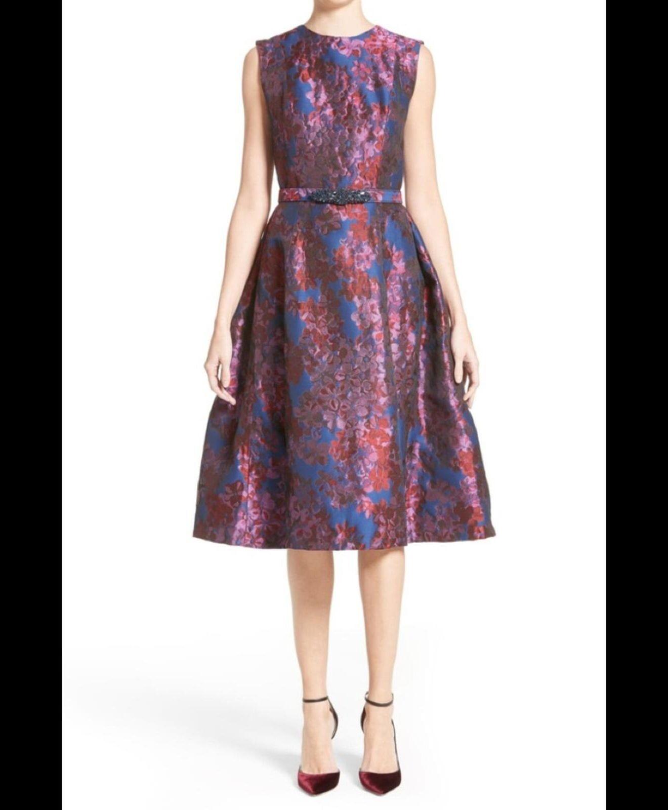 Badgley Mischka Floral Jacquard Fit Flare Dress Blue Pink Size 8