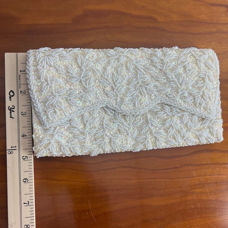 La Regale White Beaded Sequin Evening Clutch Wedding Bridal Handbag Vintage