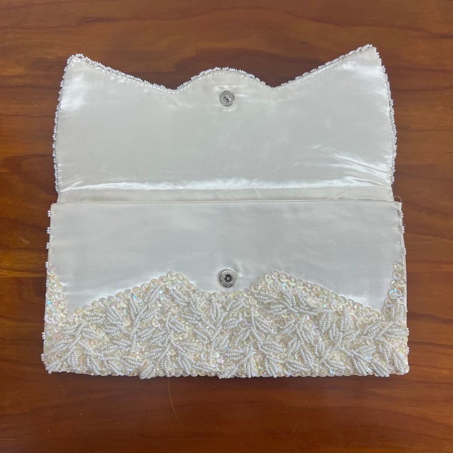La Regale White Beaded Sequin Evening Clutch Wedding Bridal Handbag Vintage