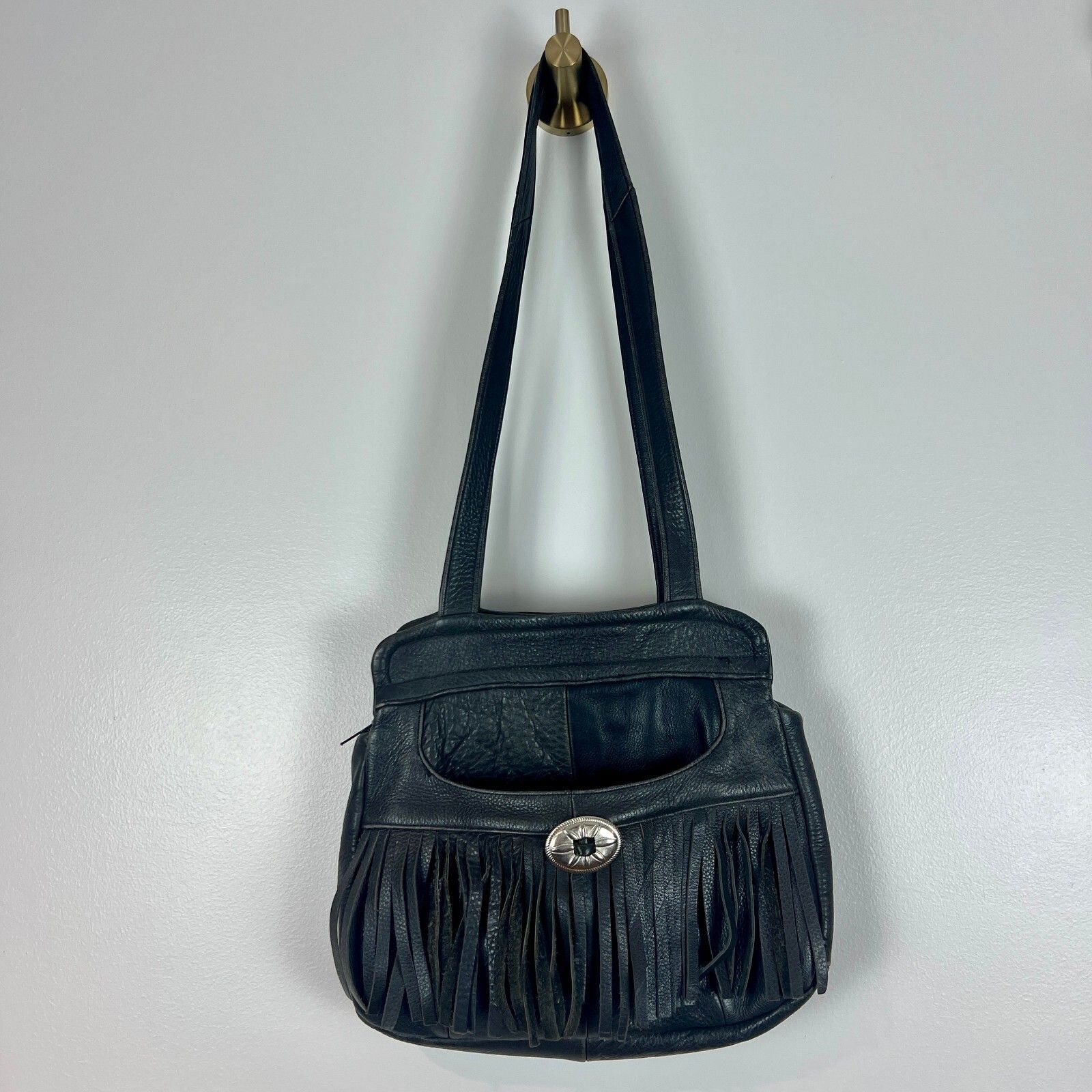 Vintage Black Genuine Leather Fringe Shoulder Bag Western Boho Purse Made Mexico