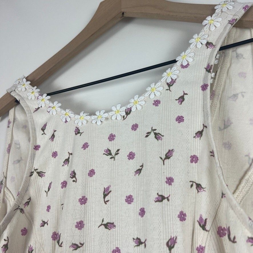 Free People Floral Ribbed Mini Dress Ivory Purple Daisy Trim NWT Women's Medium